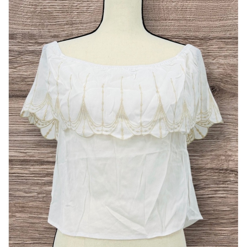 HONEY‎ BELLE Women's S White Off-Shoulder Crop Layered Blouse Embroidered Trim